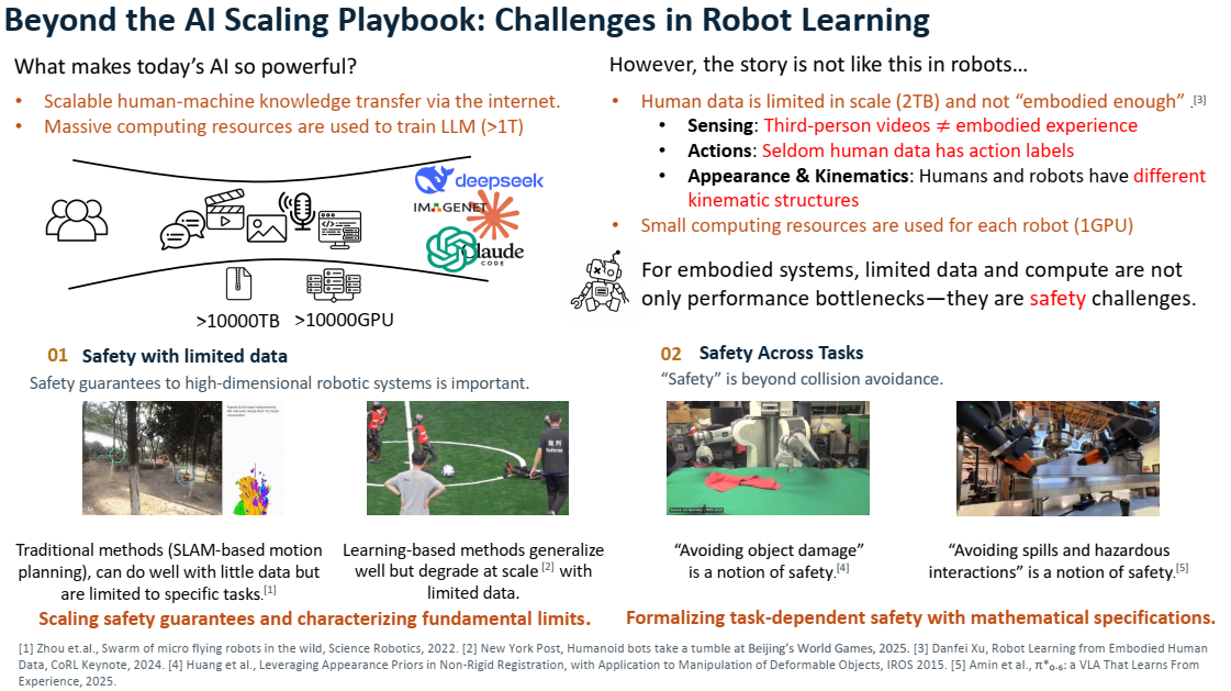 Research challenges in robot learning: safety with limited data and task-dependent safety beyond collision avoidance.